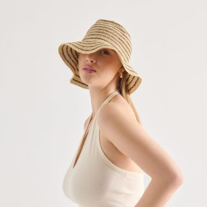 Striped Straw Cloche Brown Natural